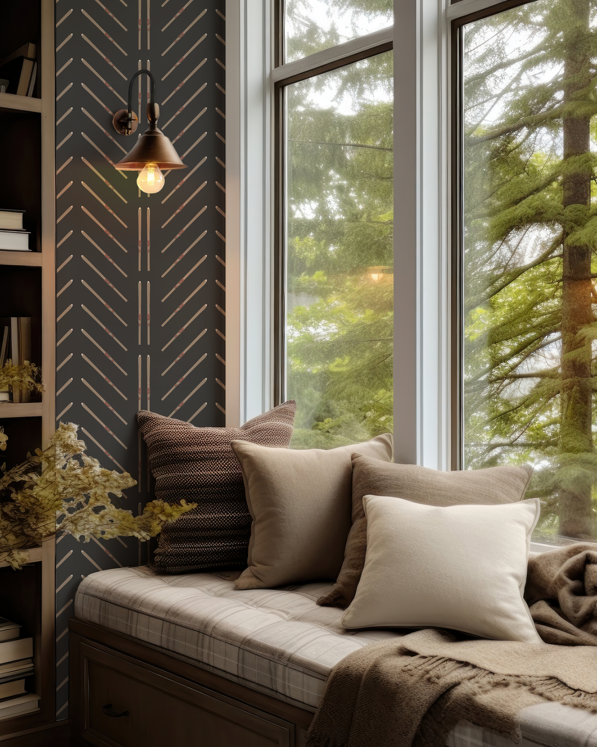 Black grasscloth wallpaper with vintage skis in a chevron and stripe pattern