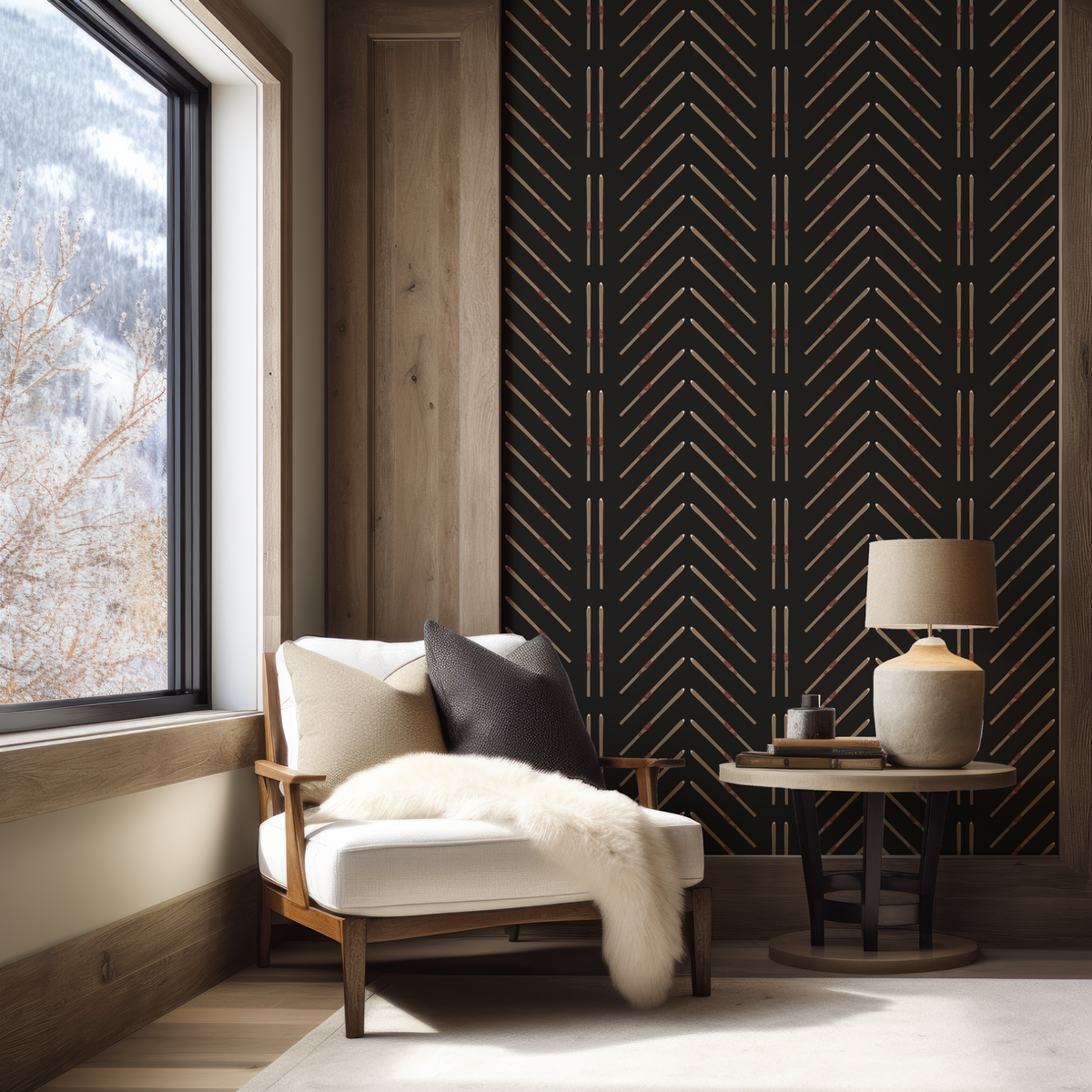 Close-up of vintage ski chevron pattern on black grasscloth wallpaper