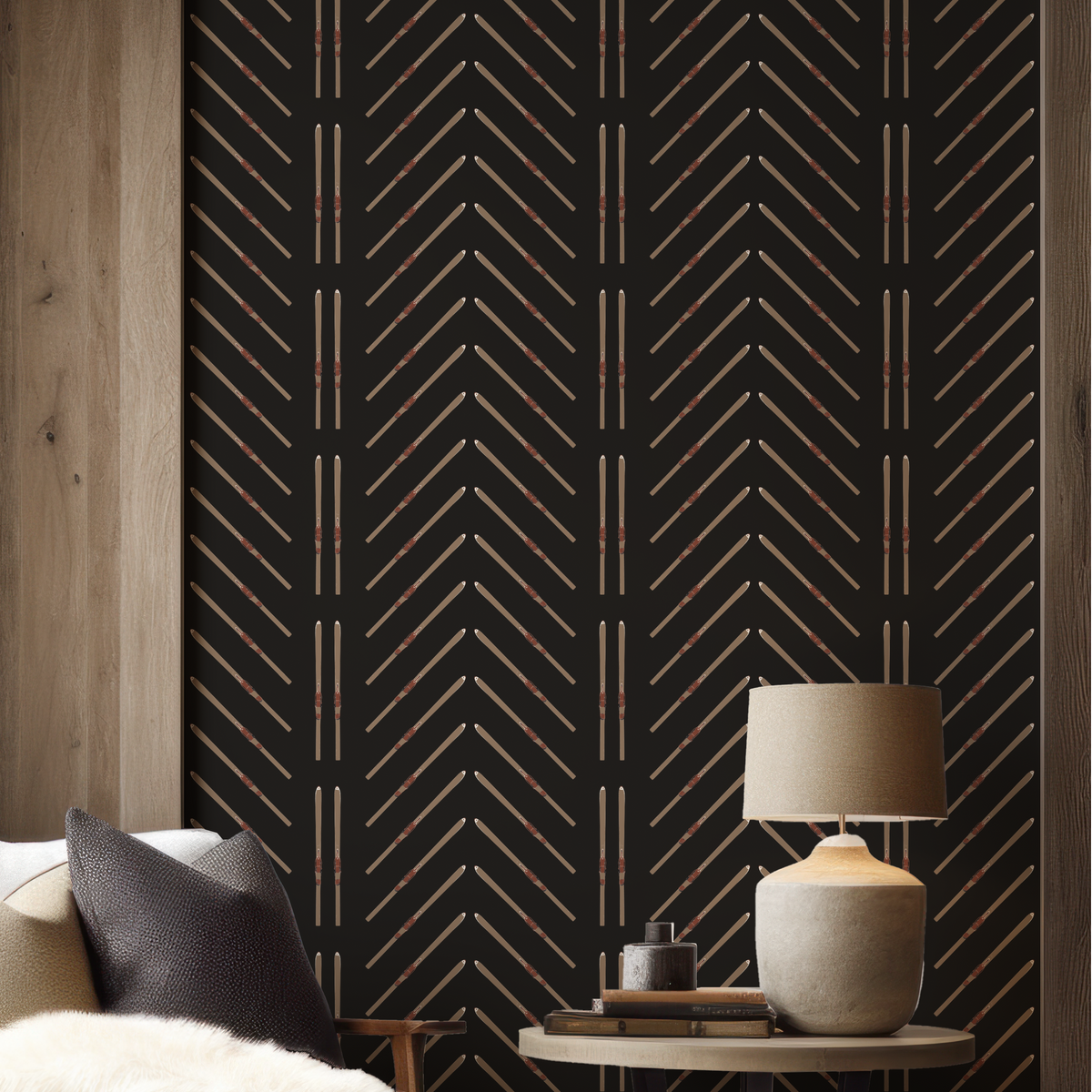 Vintage ski wallpaper in black grasscloth for an alpine interior