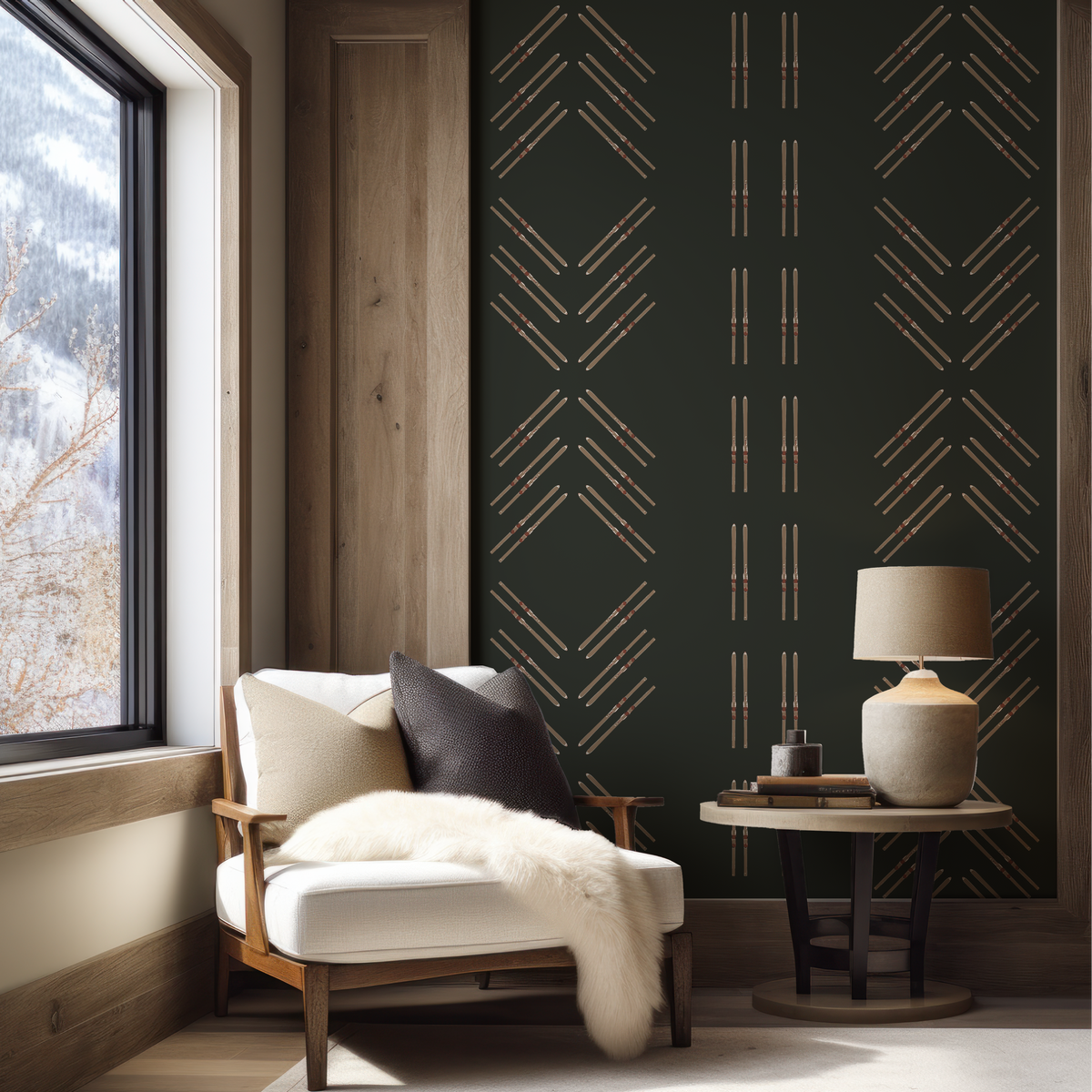 Vintage ski wallpaper in deep green grasscloth with hand-drawn skis and diamond stripe pattern