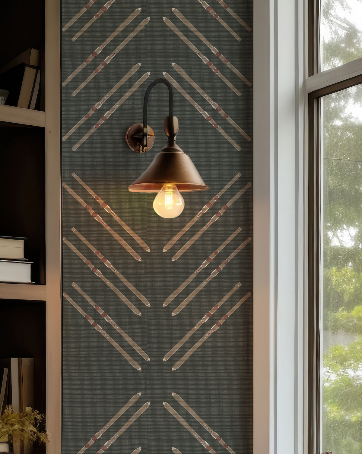 Vintage ski wallpaper with warm brown hand-drawn skis and diamond stripe pattern on green grasscloth