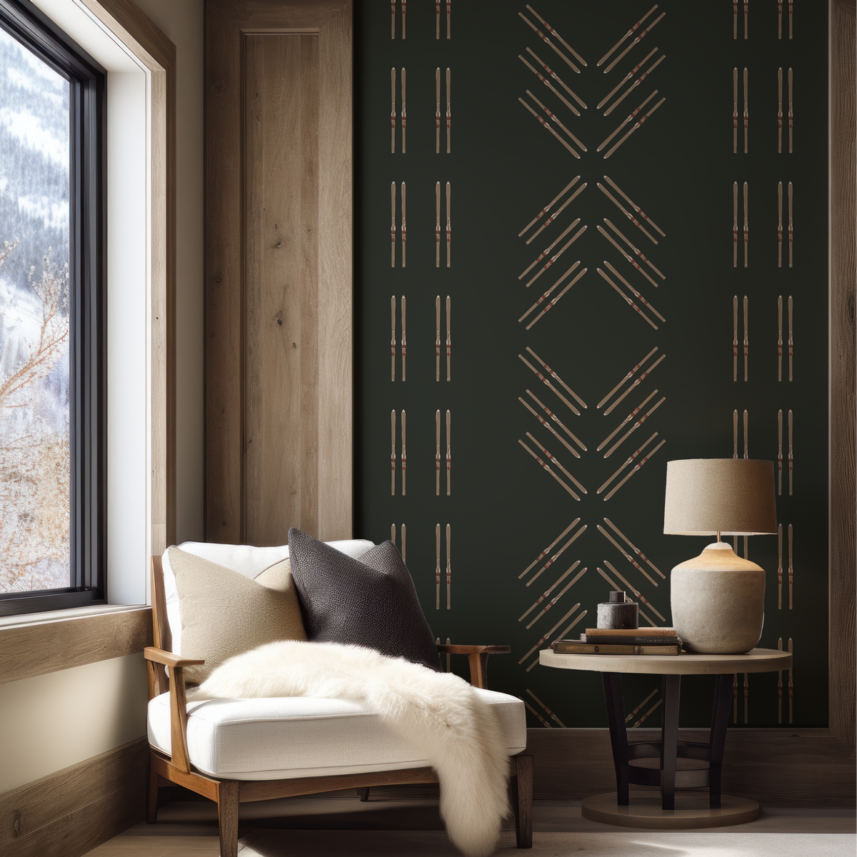 Vintage ski diamond stripe wallpaper in deep green grasscloth with hand-drawn skis