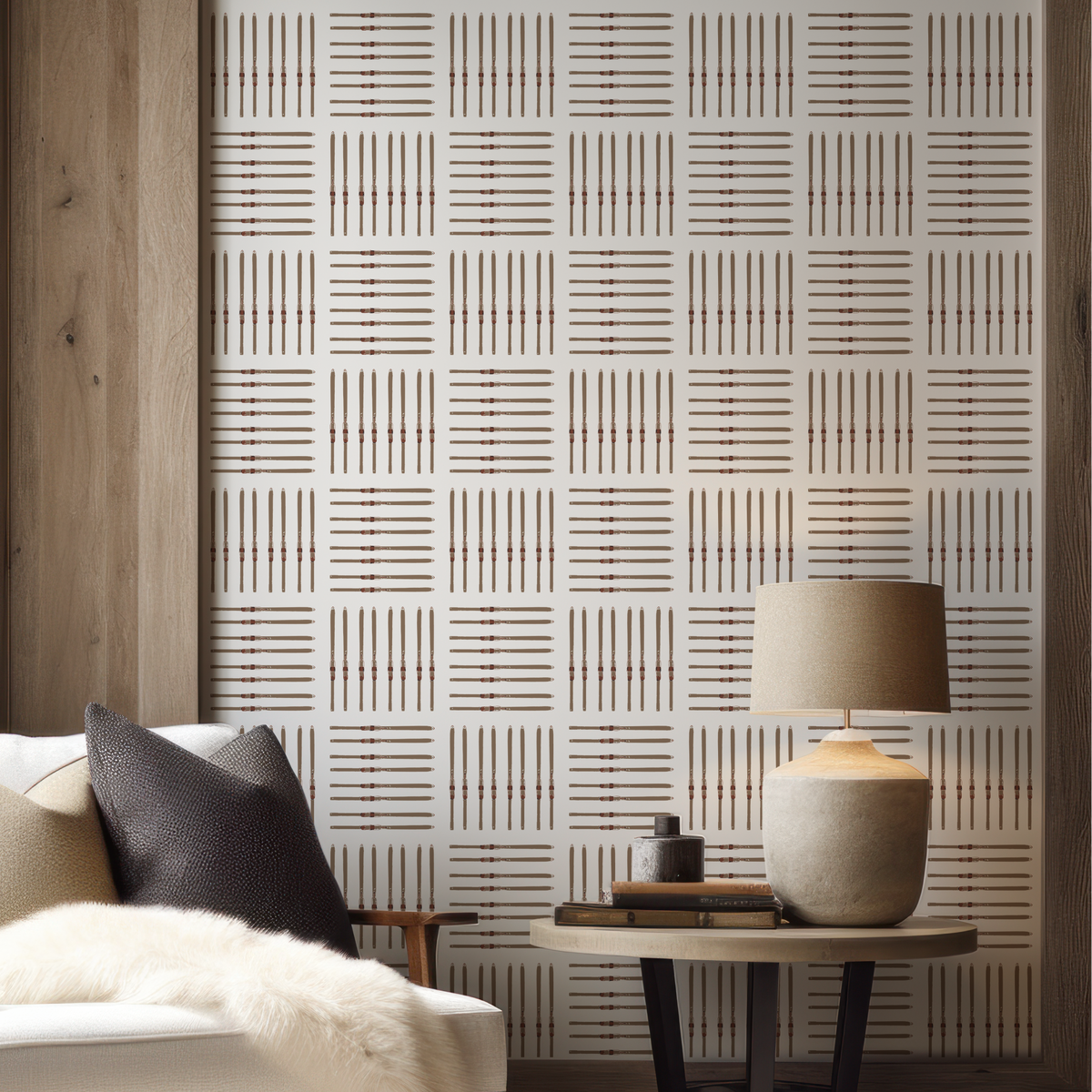 Close-up of hand-drawn vintage skis in a square pattern on grasscloth wallpaper
