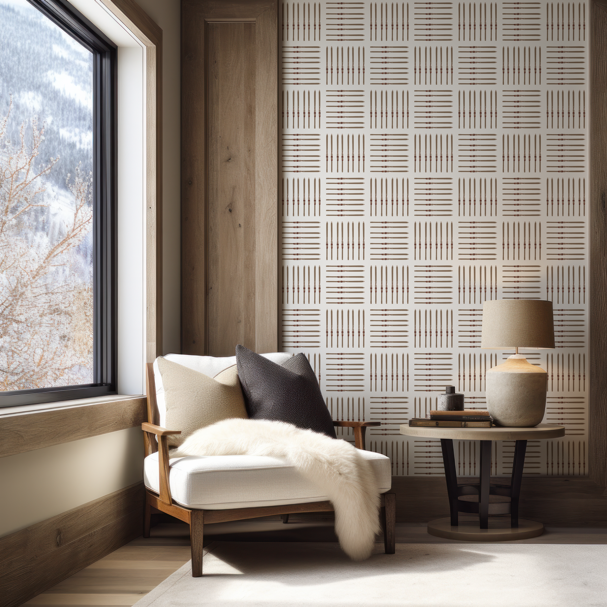 Vintage ski square wallpaper in an alpine interior with natural grasscloth texture